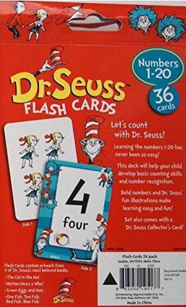 Dr. Seuss Numbers 1 to 20 flash cards package back describing features and sample cards