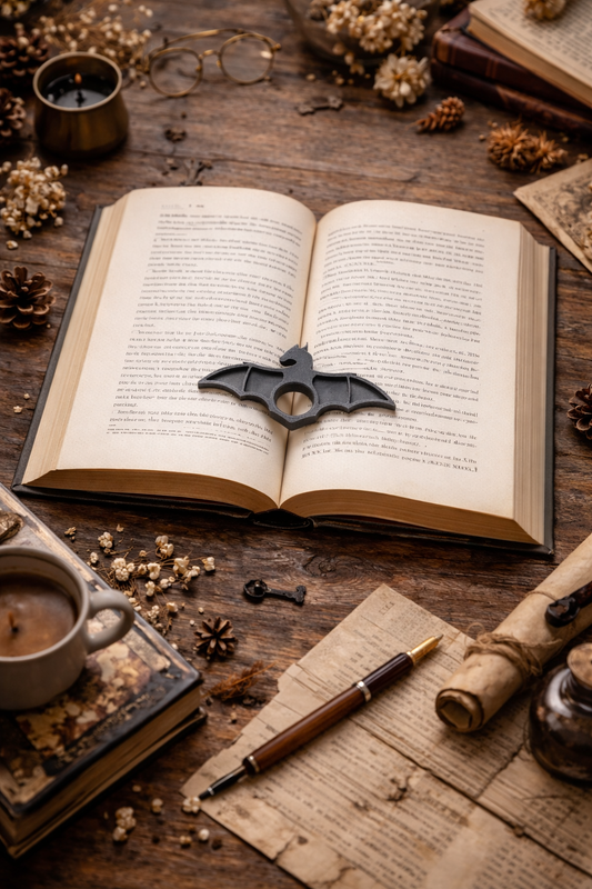 Gray dragon-shaped bookmark resting in the center of an open book on a rustic wooden table surrounded by vintage books, candles, and cozy bookish decor