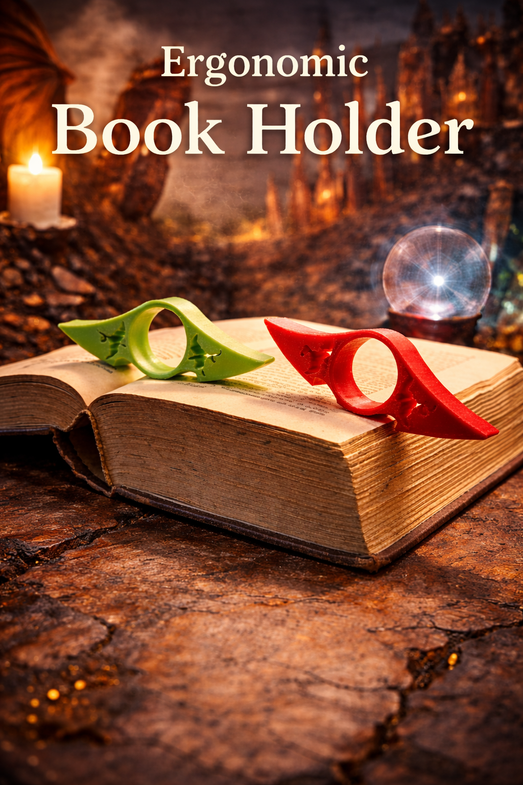 Open book with ergonomic book holder on a mystical background