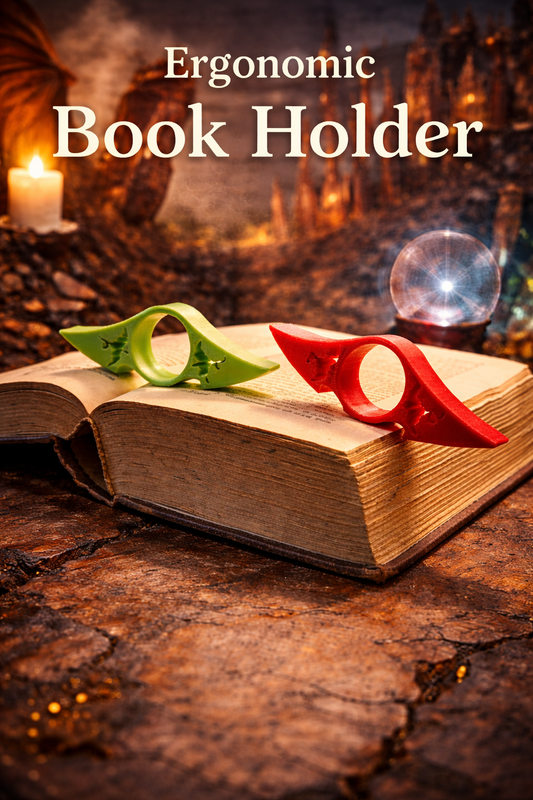 Open book with ergonomic book holder on a mystical background