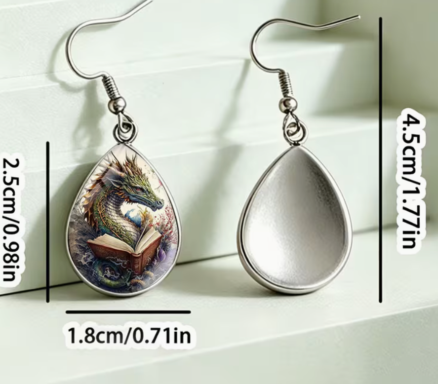 Dragon reading a book teardrop dangle earrings with silver-tone hooks and size measurements