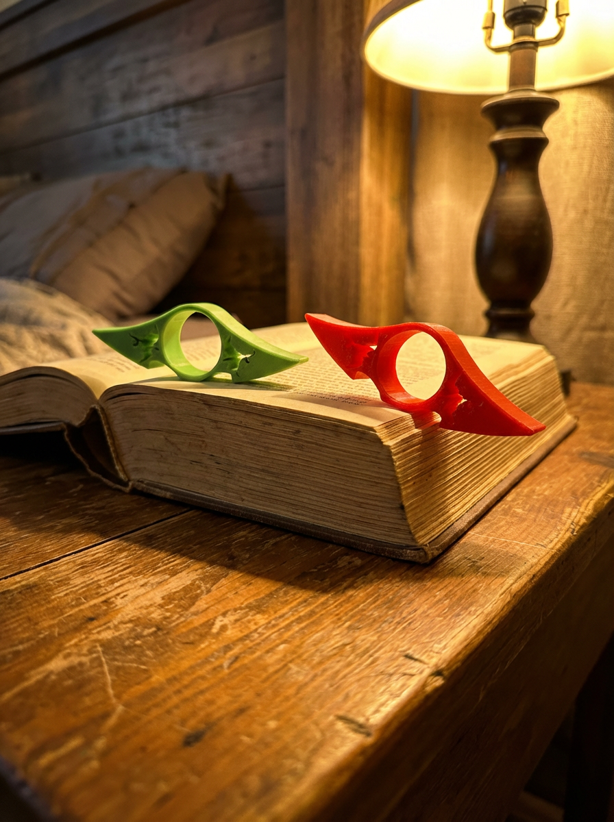 Dragon design thumb book holder resting on open book for one-handed reading