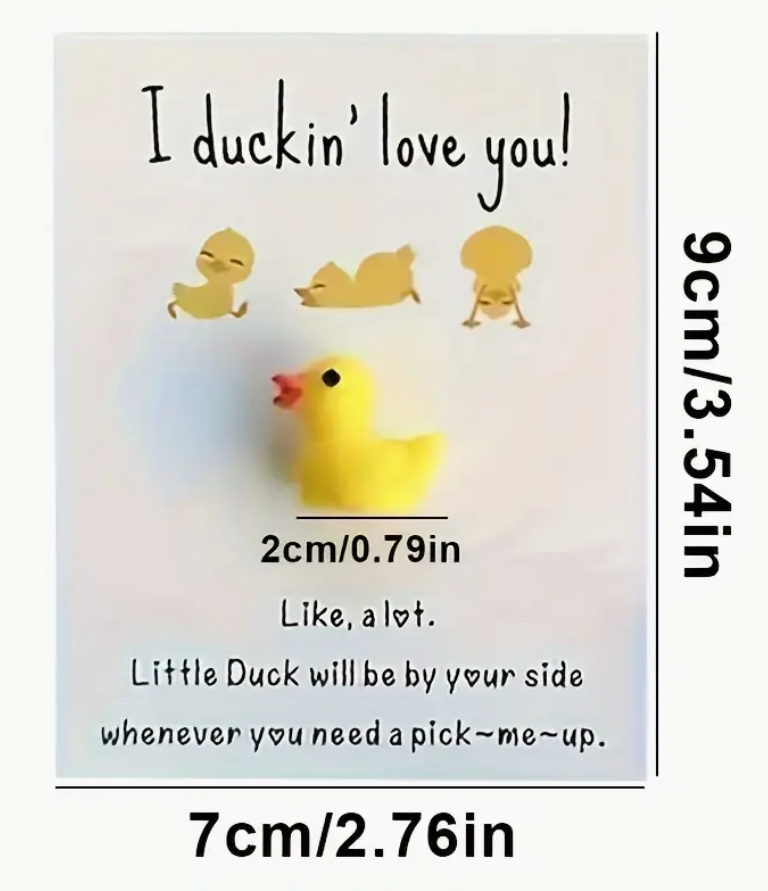 Yellow duck pocket hug with the message: I duckin' love you! like, a lot. little duck will be by your side whenever you need a pick-me-up.