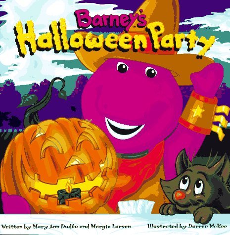 Barney with a pumpkin and cat in a Halloween-themed setting