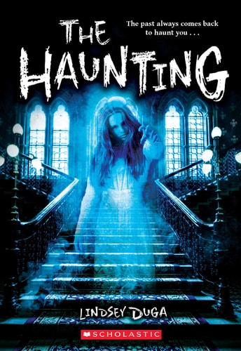 Book cover of 'The Haunting' by Lindsey Duga with a ghostly figure on stairs.