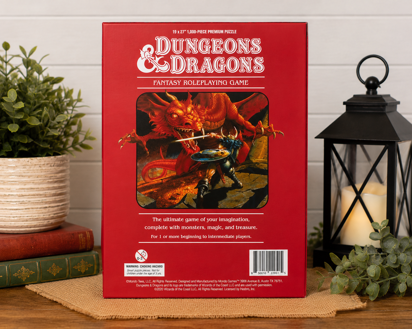 Back of the used Dungeons & Dragons Fantasy Roleplaying Game 1,000-piece puzzle box showing game information and product details.