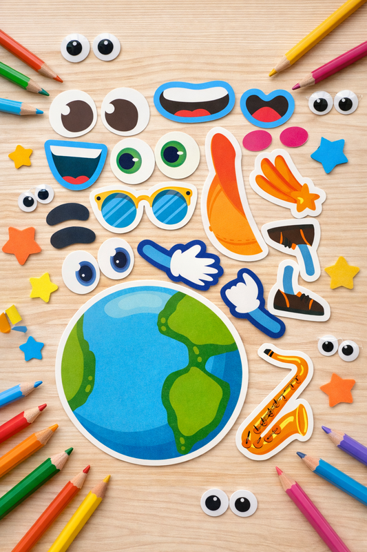 Earth face sticker activity sheet with colorful facial features and accessories surrounded by colored pencils for kids creative play