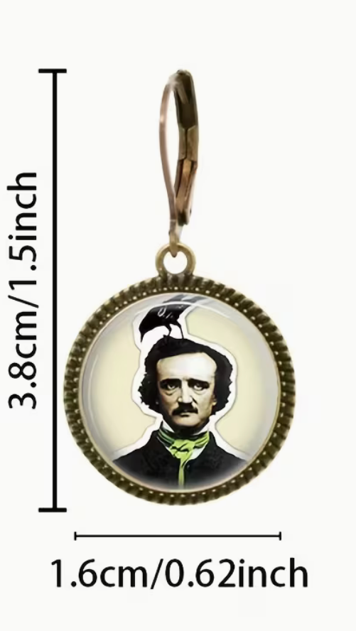 Earring with a portrait of a historical figure, shown with measurements on a white background.