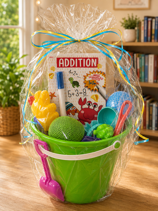 Educational summer beach and pool bucket gift set with math activity workbook, beach toys, shovel, sand molds, and colorful outdoor play accessories wrapped for gifting