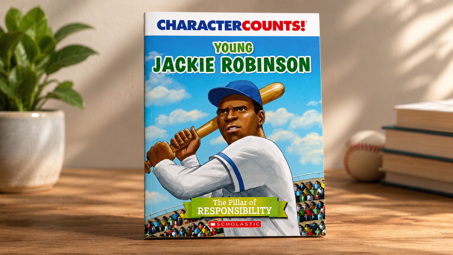 Book titled 'Young Jackie Robinson' on a wooden surface with a plant and books in the background