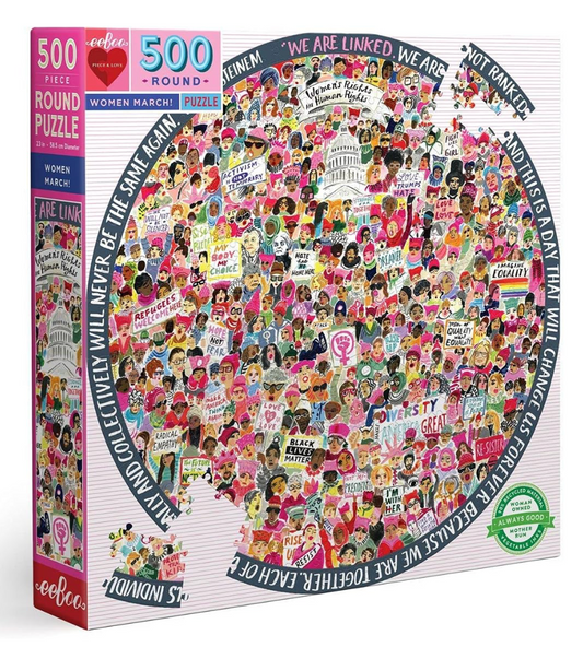 eeBoo Women March 500-piece round puzzle featuring colorful feminist artwork inspired by the Women's March and Gloria Steinem.