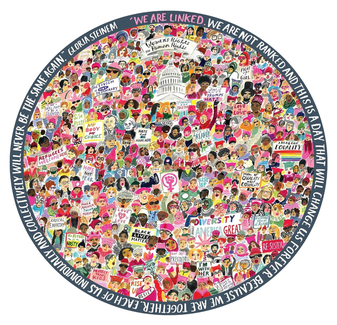 Completed 23-inch round Women March puzzle filled with diverse illustrations celebrating equality, unity, and women's rights.
