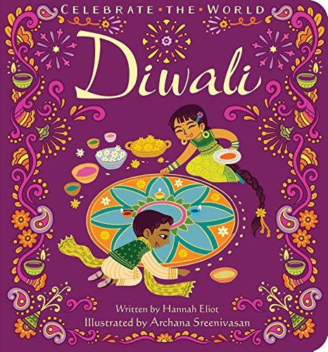 Cover of Diwali by Hannah Eliot, featuring colorful illustrations of families celebrating the festival with lanterns and fireworks.