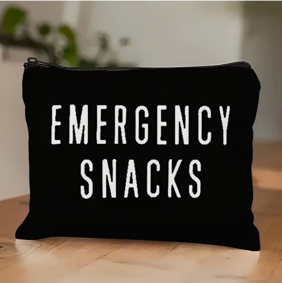Black zipper pouch with white Emergency Snacks lettering