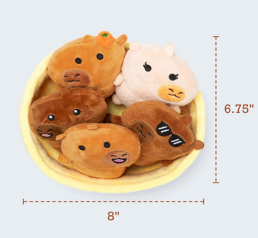 top view of capybara plush set with dimensions shown