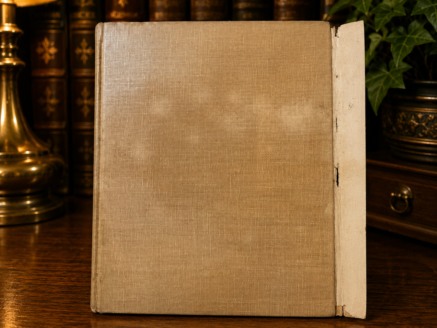 Vintage book with a textured cover on a wooden surface