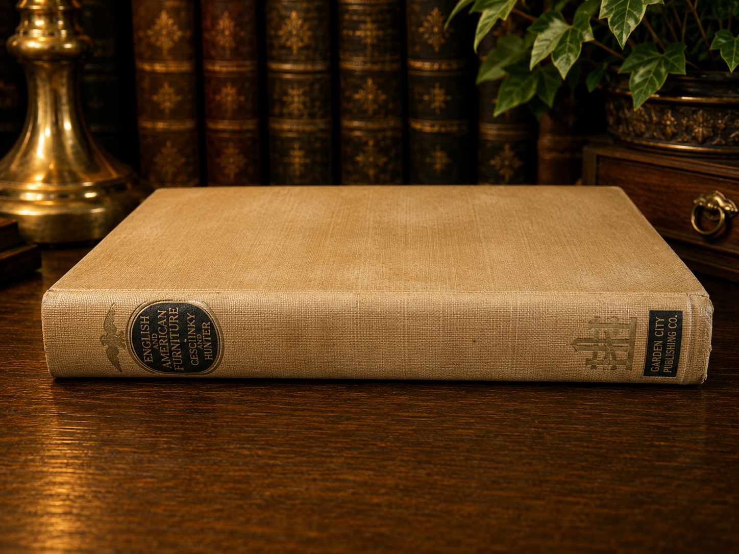 Vintage book with a cloth cover on a wooden surface, surrounded by other books and a plant.