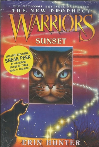 Warriors: The New Prophecy: Sunset by Erin Hunter displayed on a bookshelf.