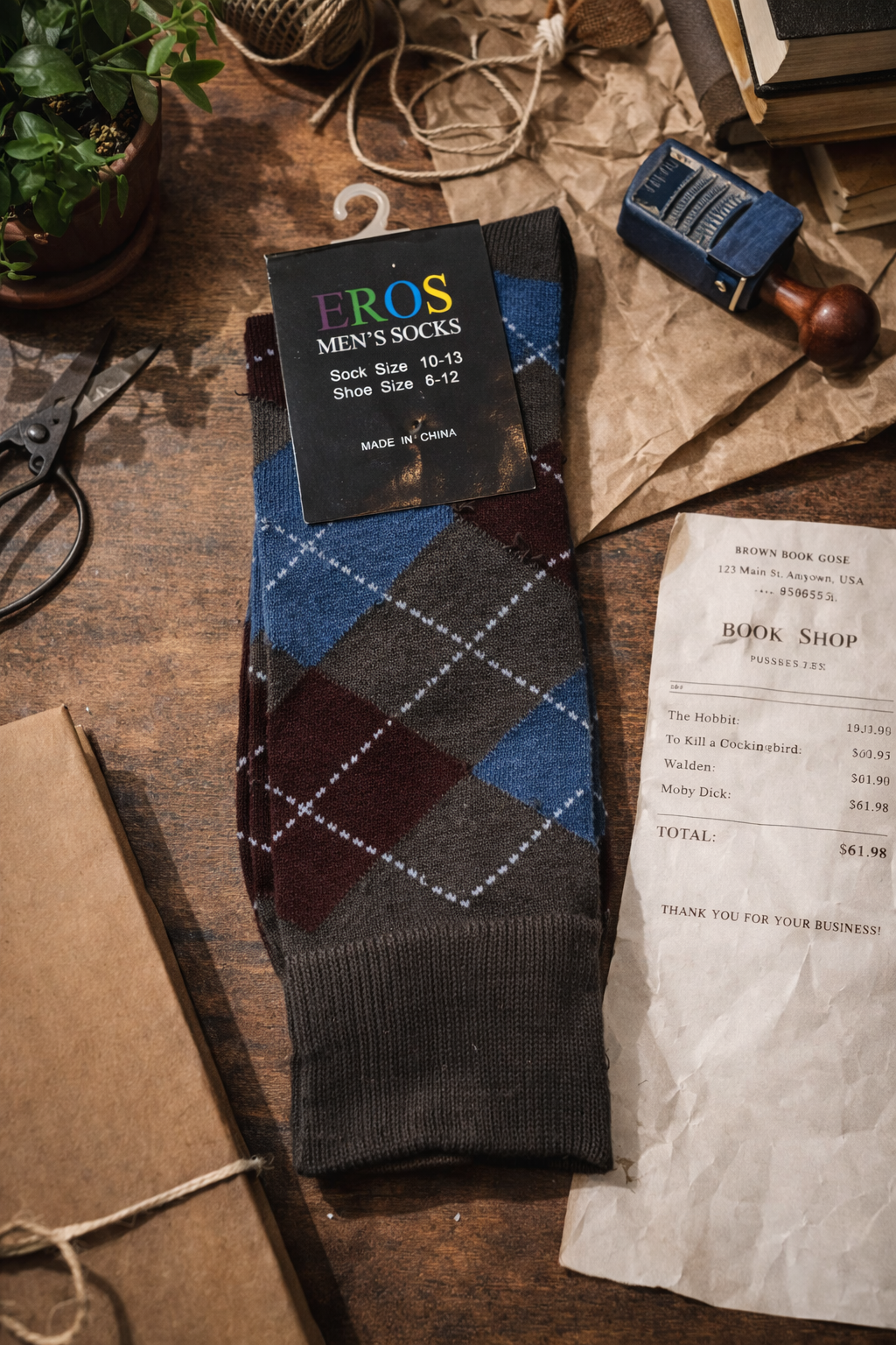 EROS men’s argyle crew socks in brown, blue, and burgundy diamond pattern with retail hang tag showing sock size 10–13 and men’s shoe size 6–12, styled in a cozy bookshop-themed flatlay with twine, scissors, vintage stamp tool, stacked books, and a bookstore receipt.