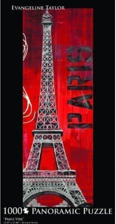 Evangeline Taylor's "Paris Vibe" 1000-piece panoramic jigsaw puzzle featuring a vibrant illustration of the Eiffel Tower and Parisian cityscape, capturing the essence of Parisian charm.