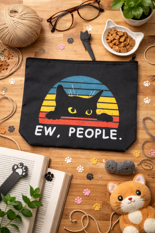 Black zipper pouch featuring a retro rainbow black cat design with the words Ew, People styled on a cozy bookish flat lay with cat themed accessories and decor.