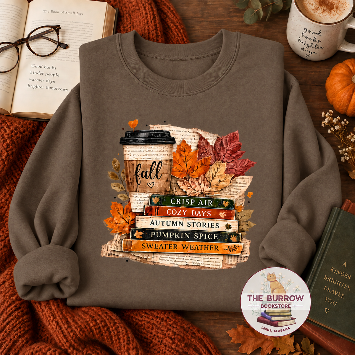Fall books and coffee sweatshirt in army brown with autumn leaves and cozy reading design