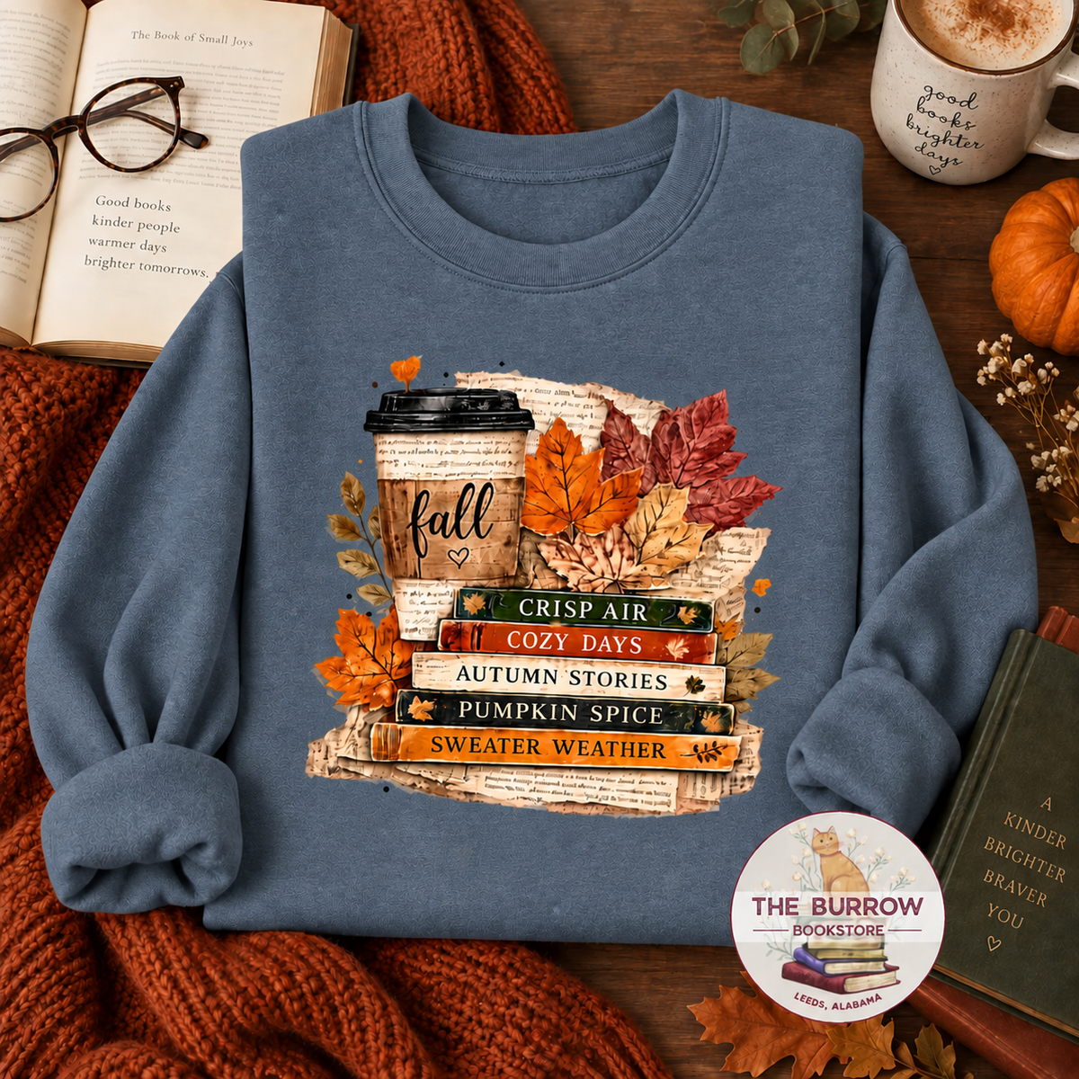 Fall books and coffee sweatshirt in heather navy with stacked books, coffee and autumn leave