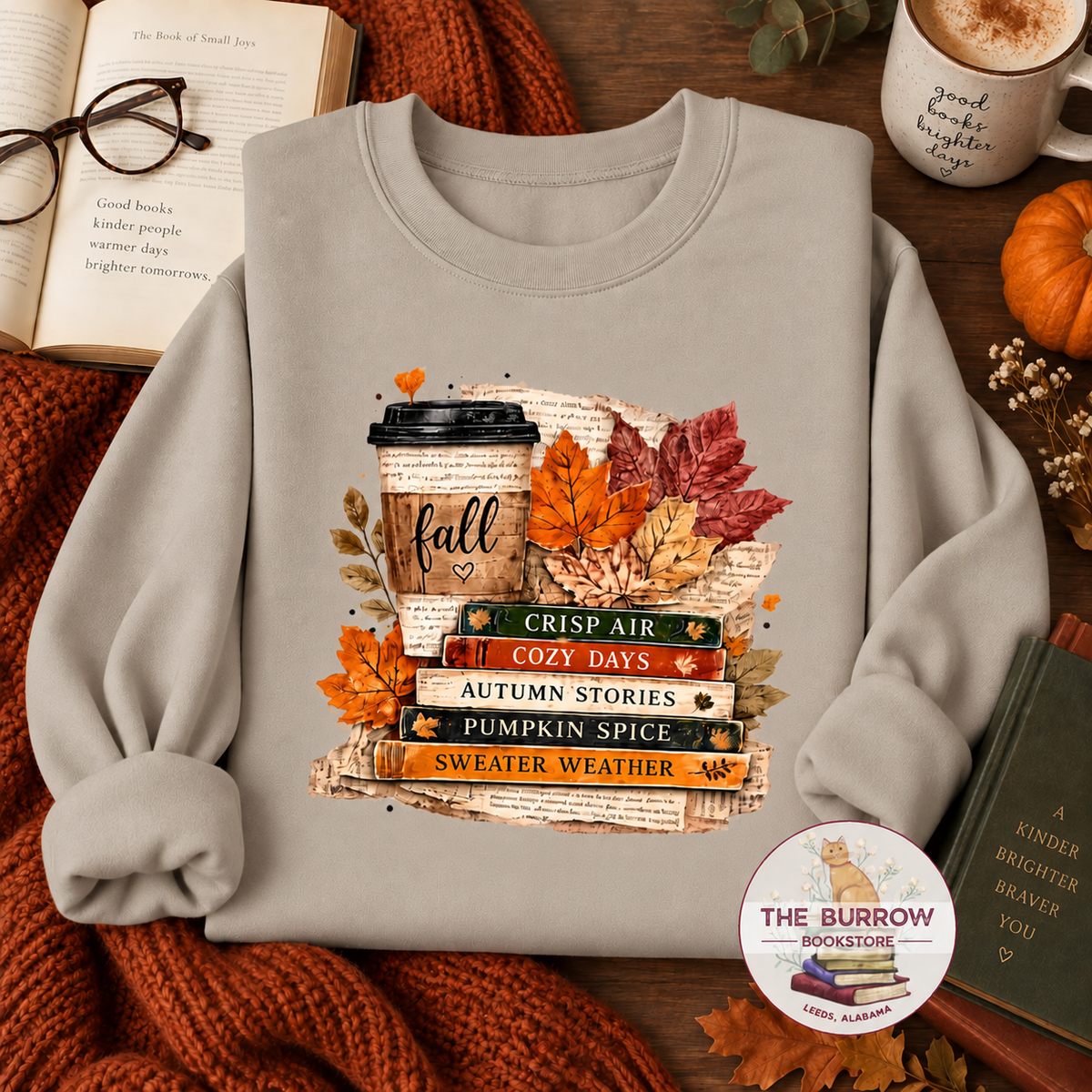 Sand fall book lover sweatshirt with coffee, autumn leaves and sweater weather design
