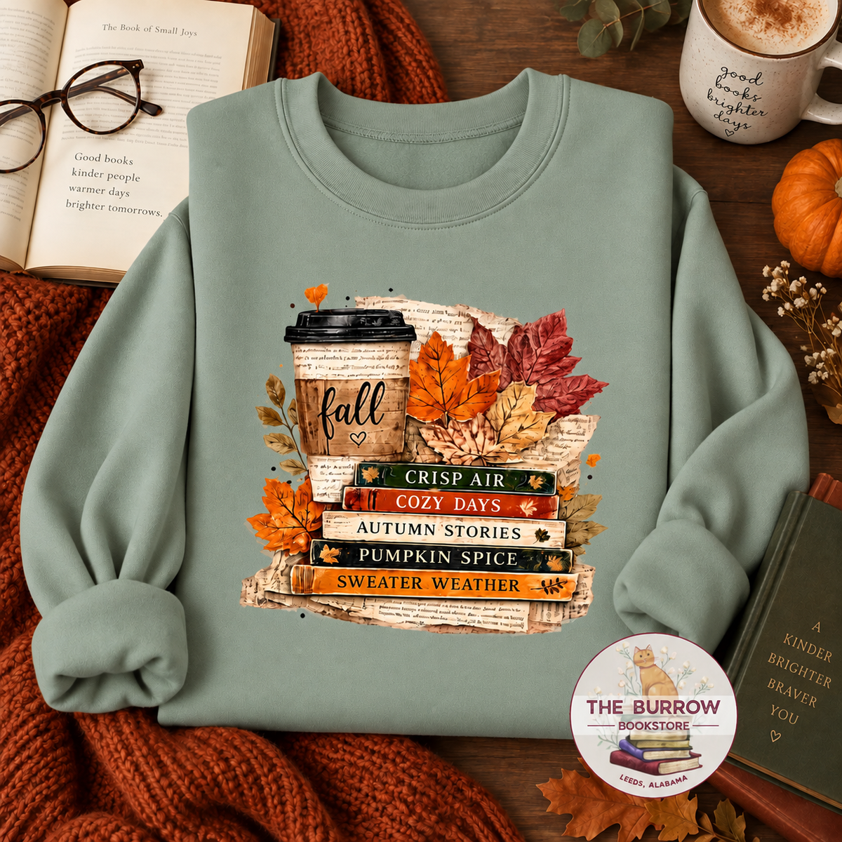 Stonewashed green bookish fall sweatshirt with coffee, books and autumn leaves