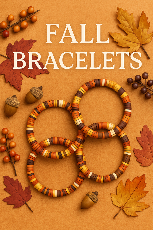Colorful bracelets on a brown background with autumn leaves and berries