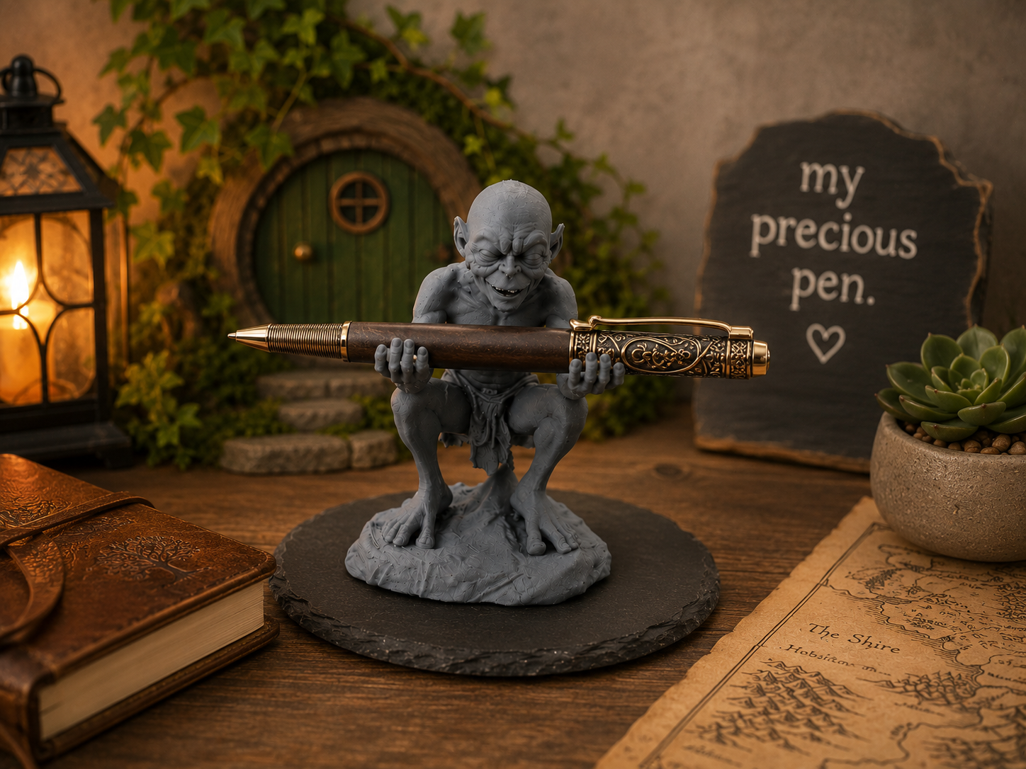 3D printed fantasy-inspired creature pen holder holding an ornate pen on a cozy bookish desk