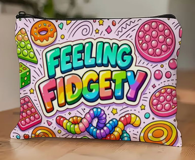 Feeling Fidgety colorful zipper pouch with rainbow lettering, pop-it toys, sensory fidgets and playful illustrations on a lavender background