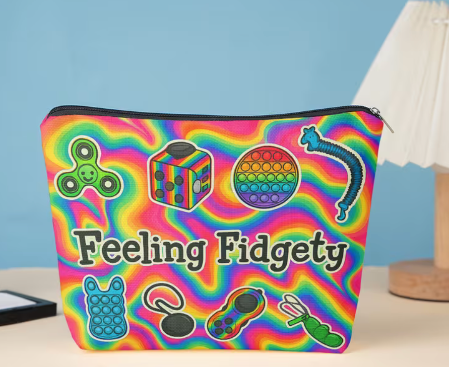 Rainbow Feeling Fidgety zipper pouch with colorful swirl background, pop-it toys, fidget spinners and sensory toy illustrations