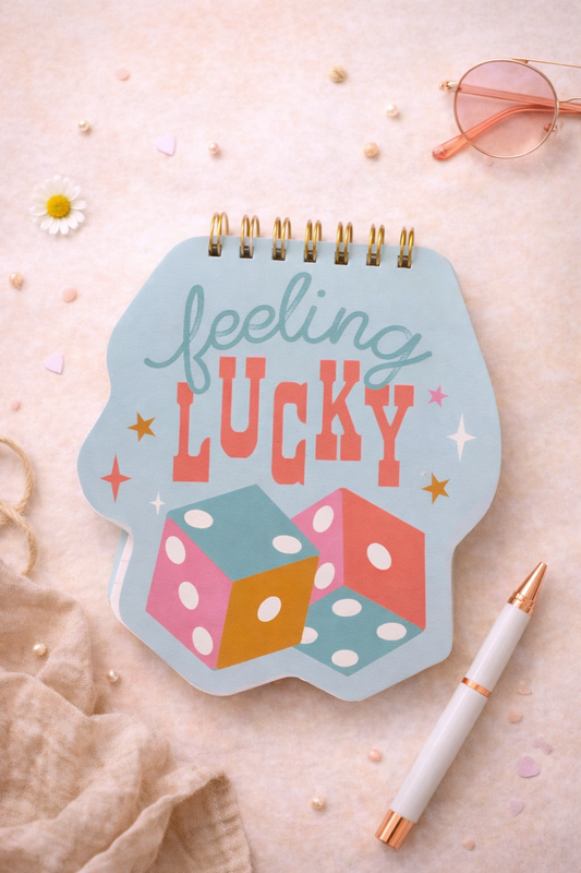 Mini spiral notebook with colorful dice design and Feeling Lucky text on a styled desk background