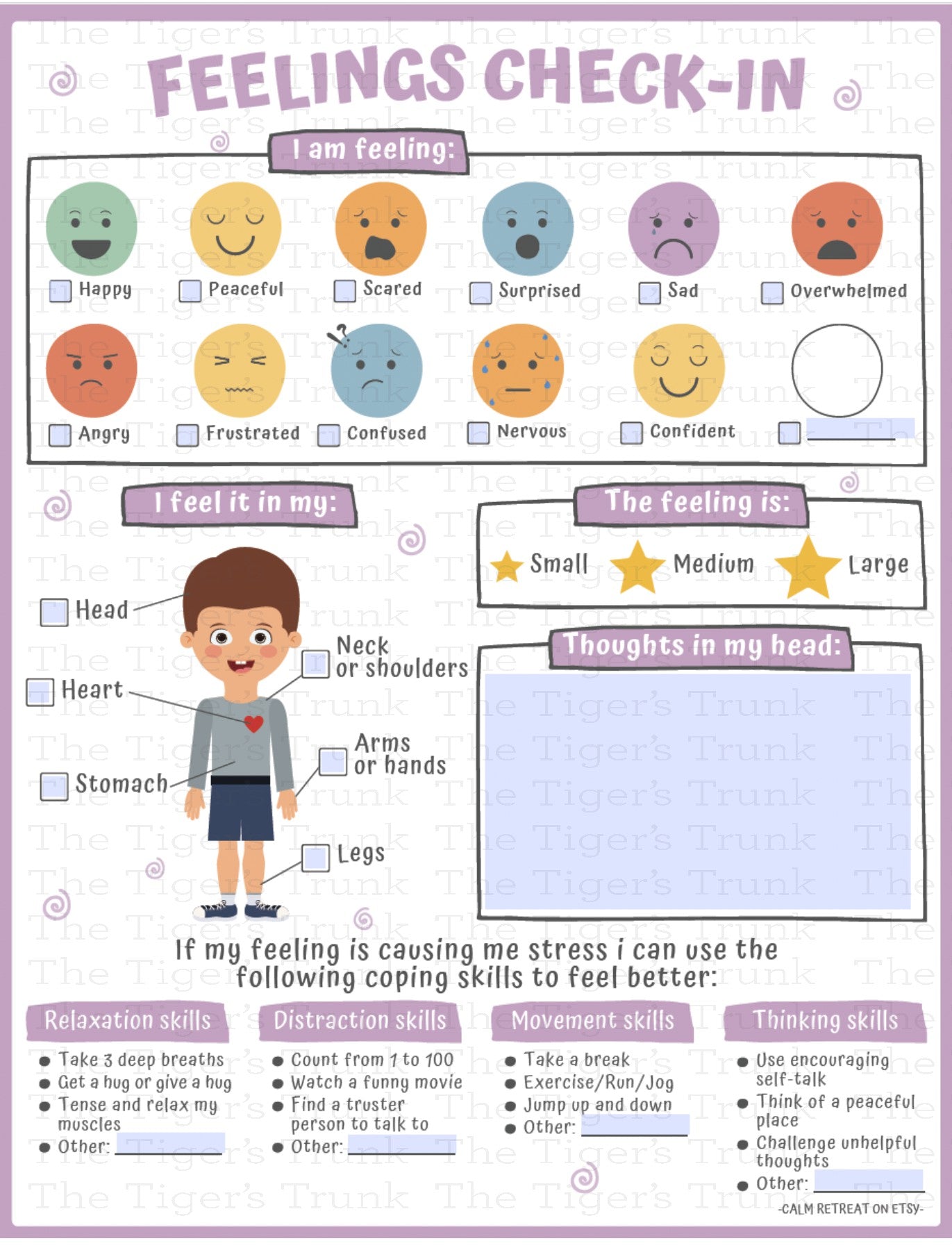 Laminated 8.5"x11" Feelings Check-In poster with sections for emotion, body location, intensity, thoughts, and coping strategies
