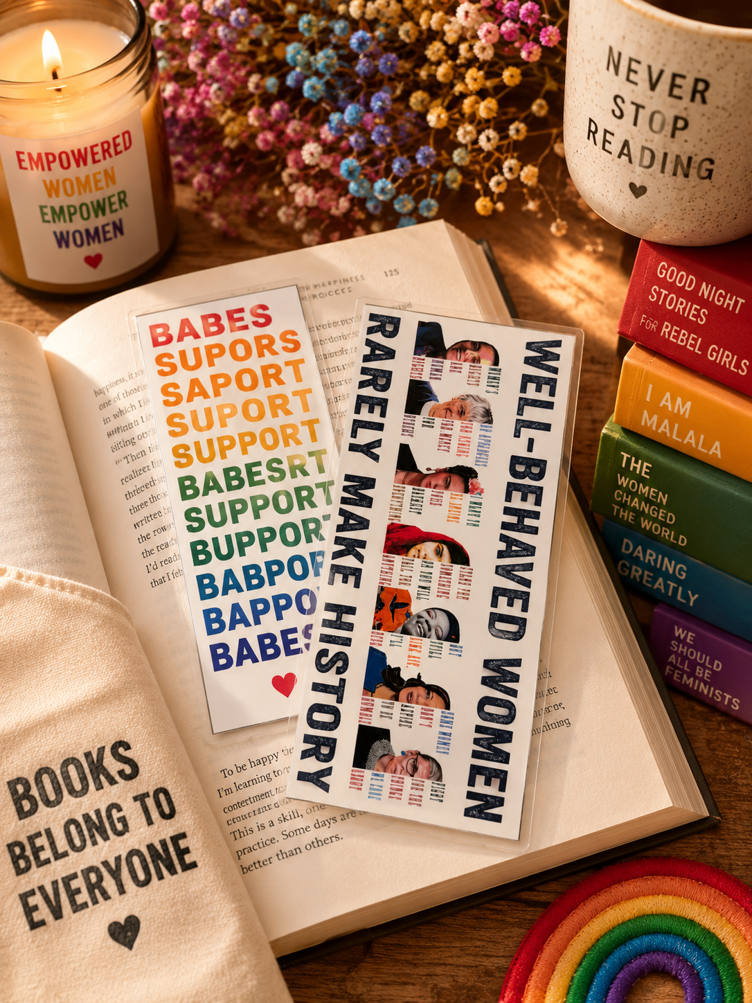 Two feminist bookmark designs displayed together, including Babes Support Babes and Well Behaved Women Make History bookmarks available individually.