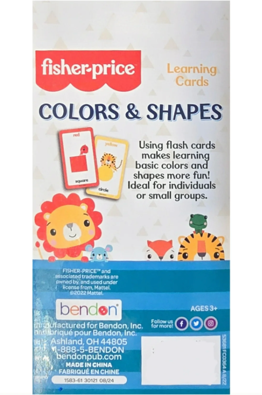 fisher price colors and shapes flashcards back of box with lion and animal characters
