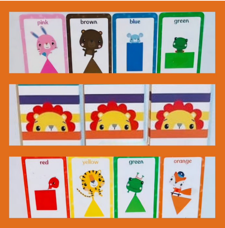 fisher price colors and shapes flashcards layout showing pink brown blue green character cards