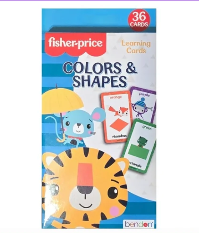 fisher price colors and shapes flashcards front of box with mouse and tiger illustration