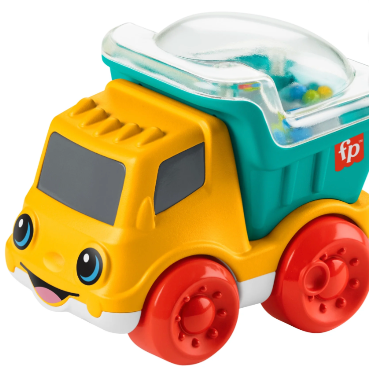 Toy truck with a transparent container on top, featuring the brand 'fp'.