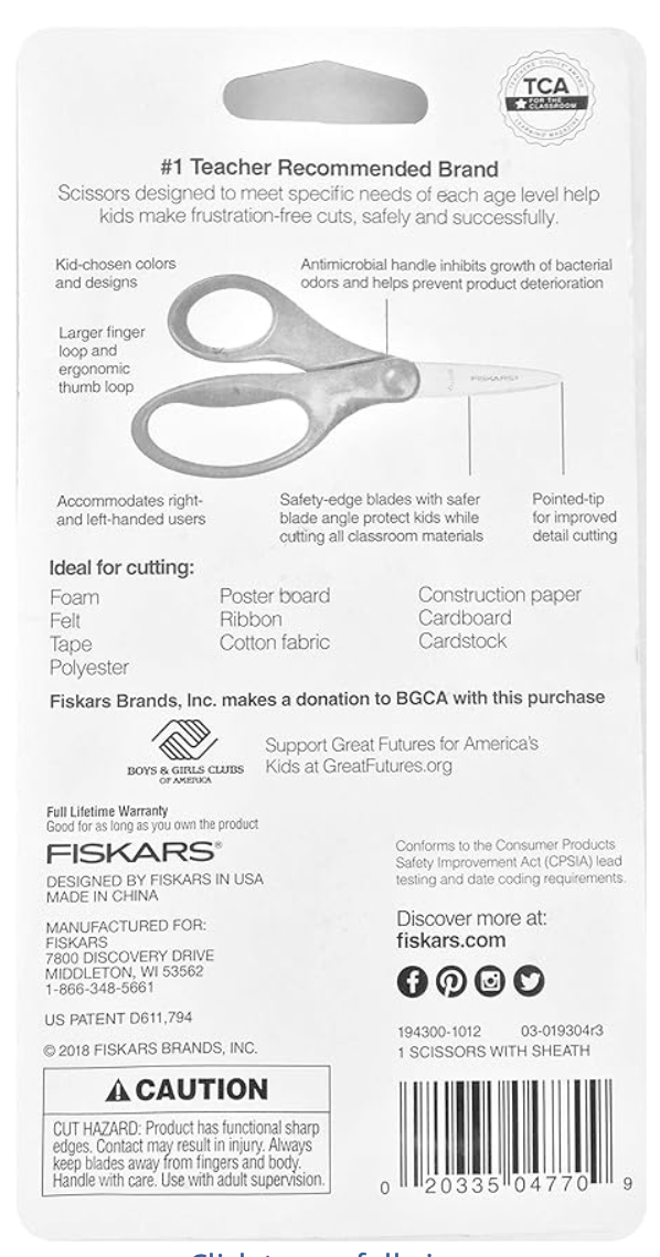 Back packaging of Fiskars kids pointed-tip scissors detailing features and safety information.