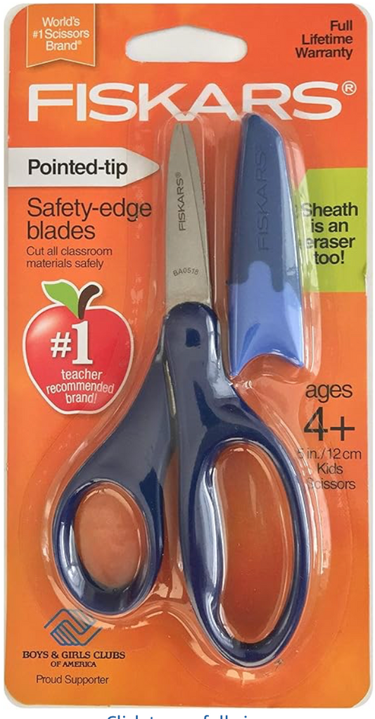 Front packaging of Fiskars kids pointed-tip scissors with blue handles and protective sheath.