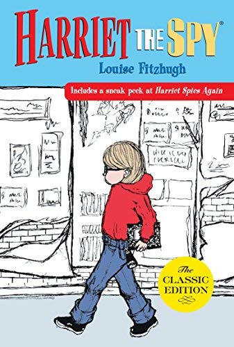 Book cover of 'Harriet the Spy' by Louise Fitzhugh with a character in a red coat walking through a room.