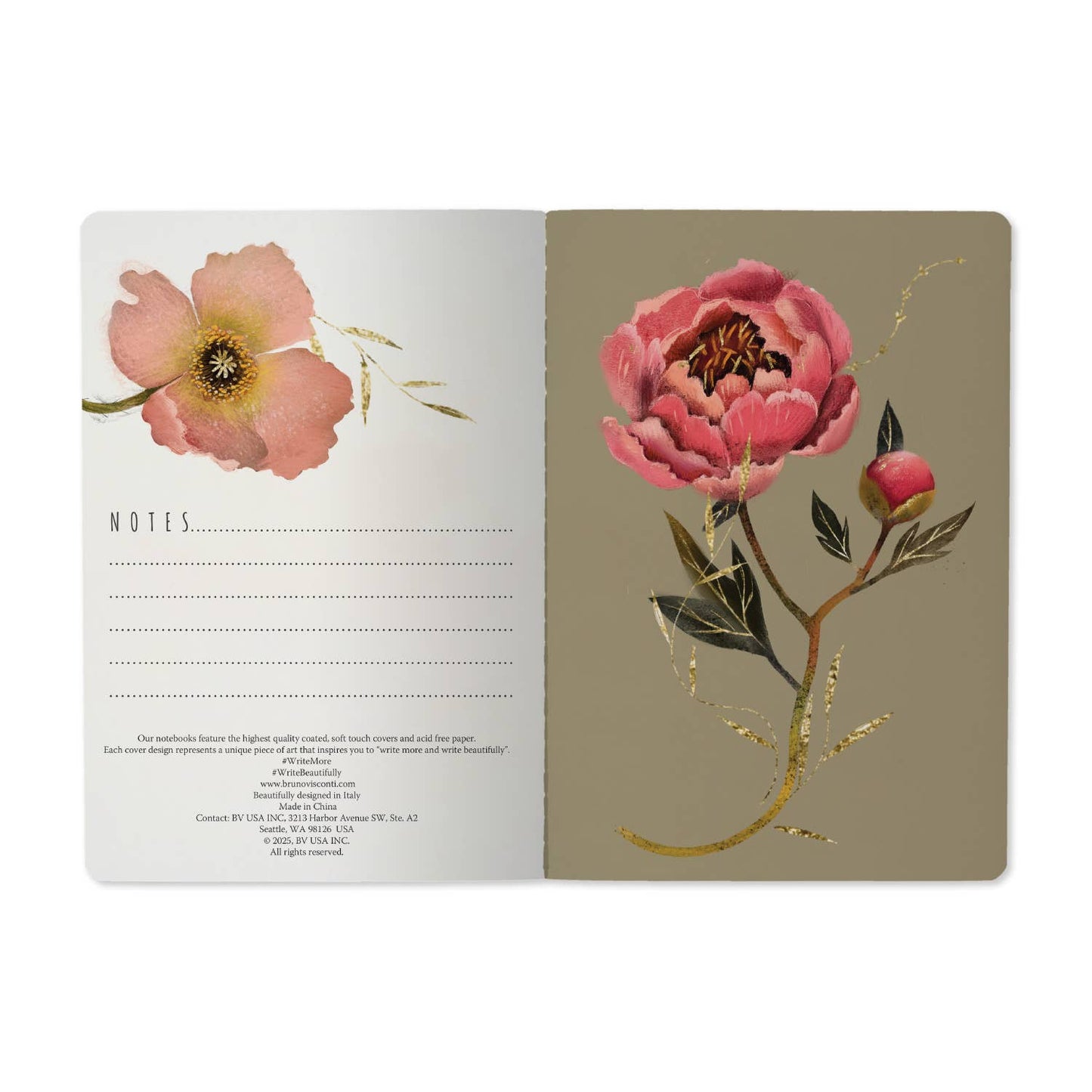Floral A5 notebook open to personal data page with botanical illustrations and soft neutral tones.