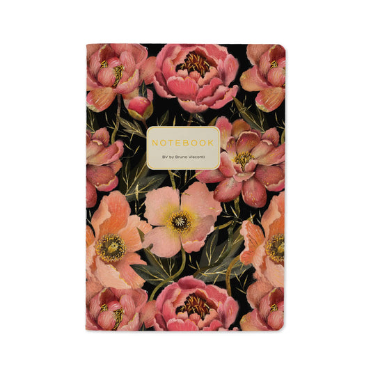 A5 floral notebook with pink blossom design on a black background featuring an elegant flower pattern cover.