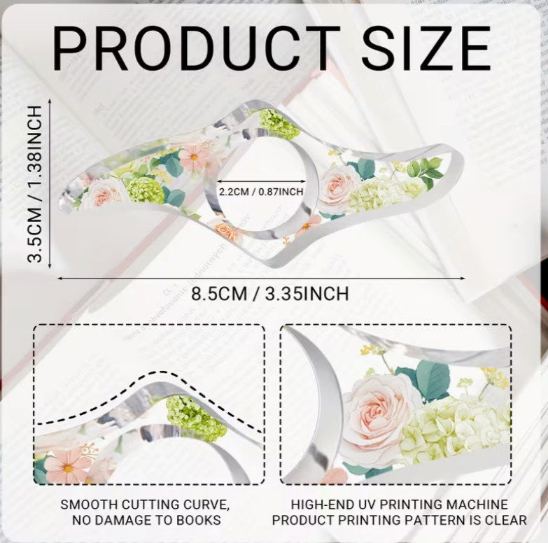 floral acrylic thumb book holder with size measurements and ergonomic curved reading design