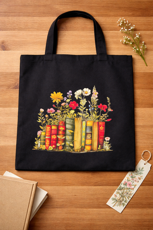 Black canvas tote bag featuring a colorful floral book stack illustration styled on a wooden flat lay with books, a botanical bookmark, and small flowers.