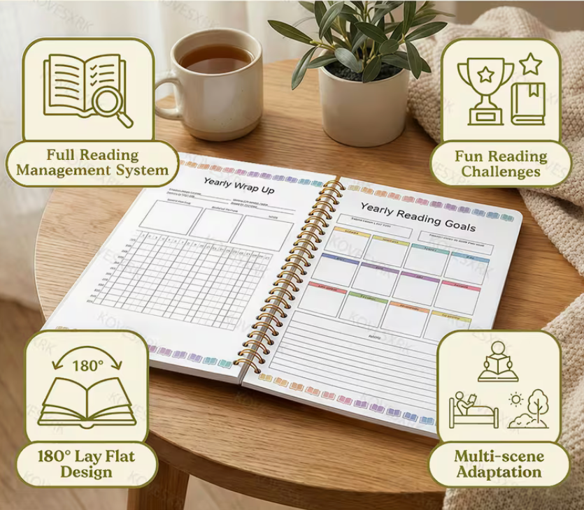 Open planner on a wooden table with a cup of tea and plant, featuring icons and text about reading management system and challenges.