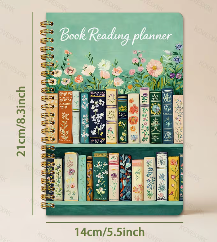 Book-themed planner with floral designs and dimensions on a light background