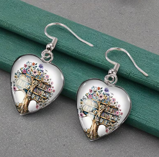 Floral bookshelf heart dangle earrings showing approximately 1.57-inch total length and heart-shaped pendants measuring 0.79 inches tall by 0.83 inches wide.